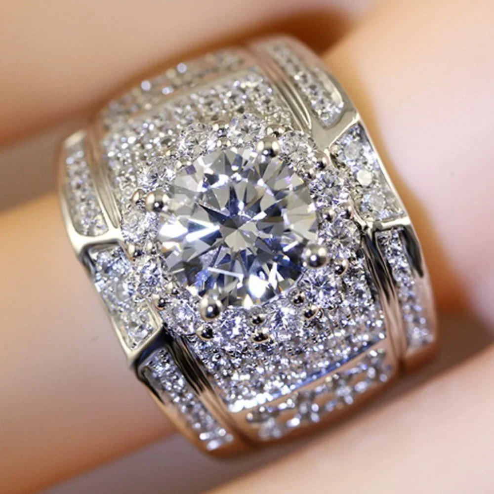 NEW Silver Round Halo Diamond Wide Wedding Band Ring - Picture 4 of 6